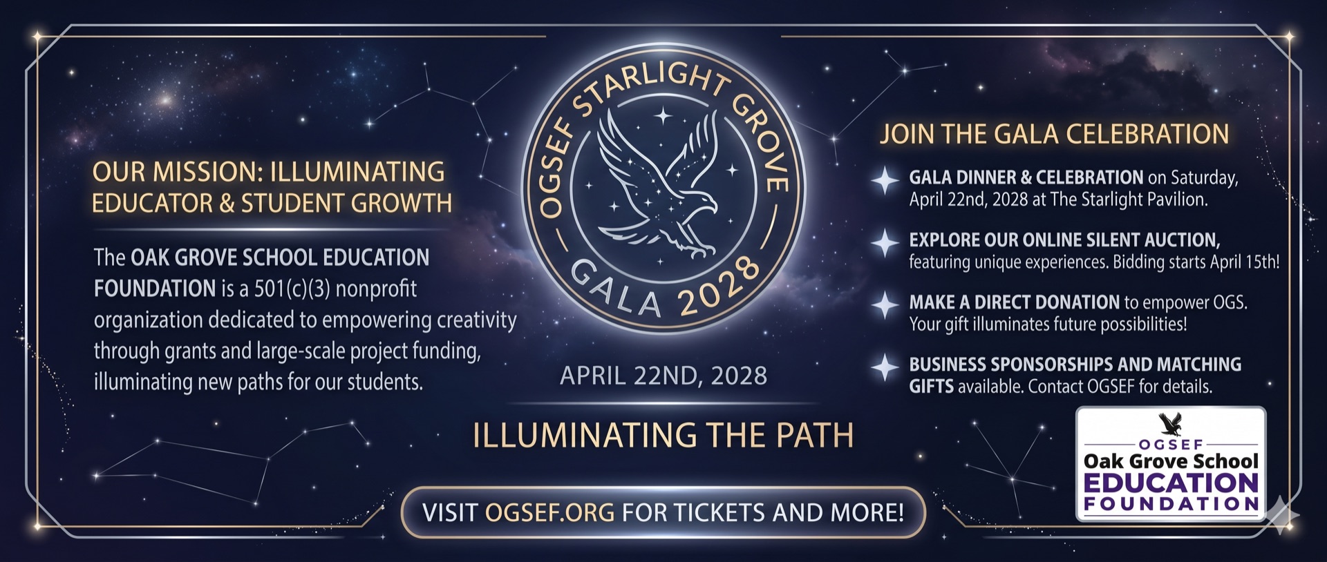 Starlight Grove Gala 2028 — a cosmic, star-filled banner with a celestial eagle emblem, April 22nd 2028, “Illuminating the Path.”